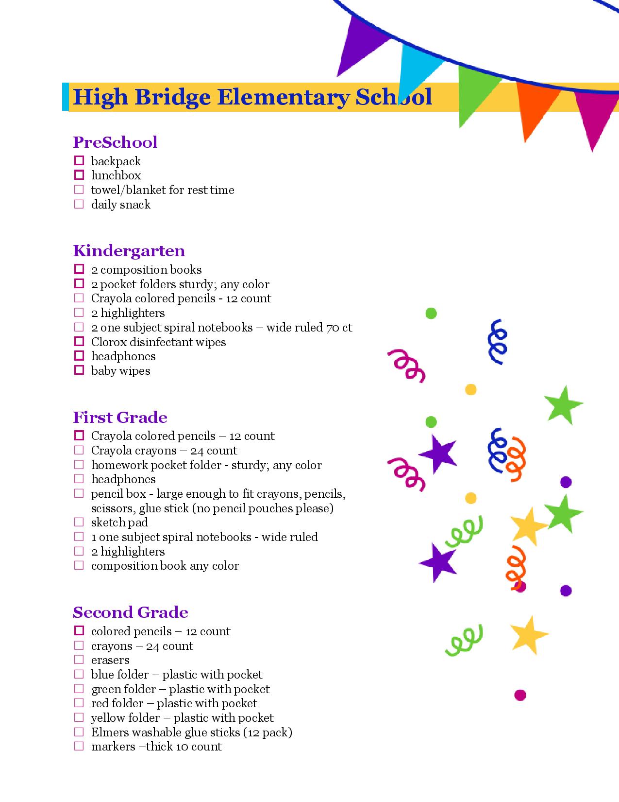 Elementary school supply lists